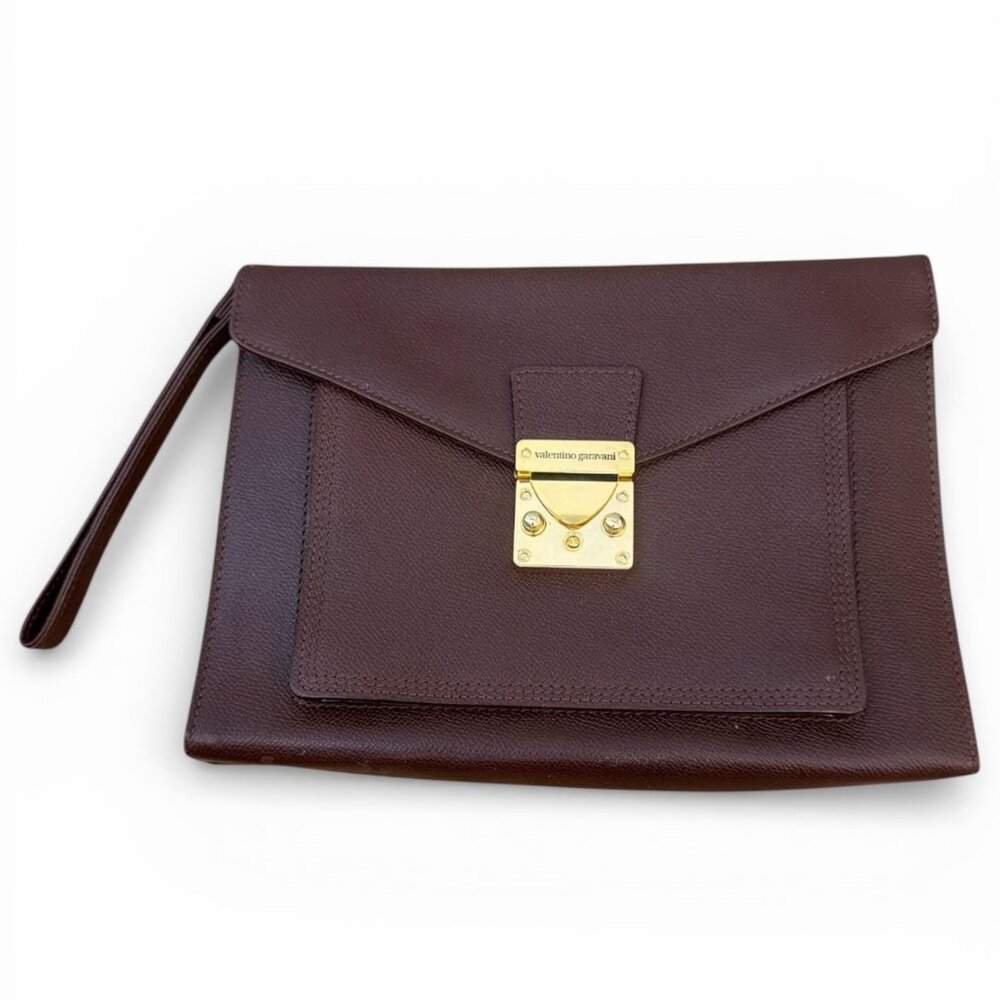 Valentino Garavani Brown Leather Clutch with Gold Lock